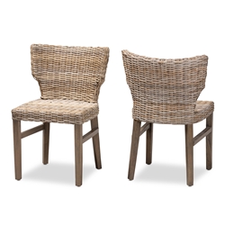 Baxton Studio Enver Modern Bohemian Grey Rattan and Brown Wood 2-Piece Dining Chair Set